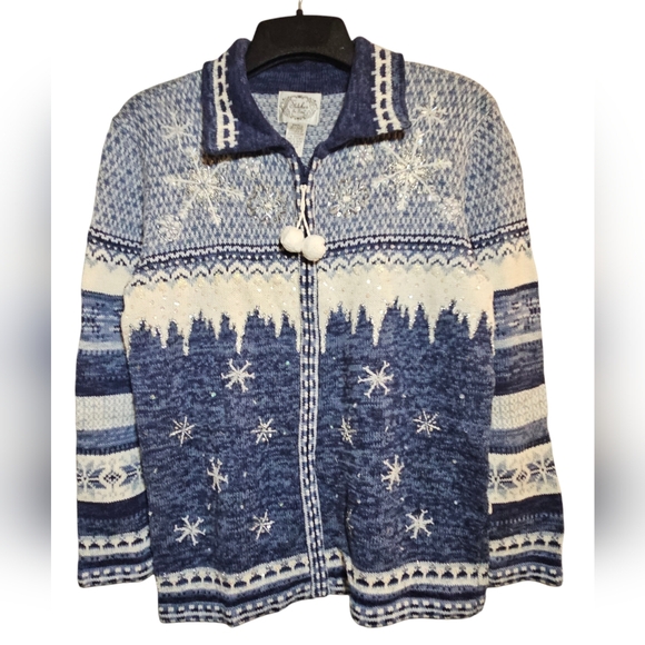 Snowflake Embellished Sequins Sweater Zip Cardigan Blue White Fairisle Winter - Picture 3 of 13